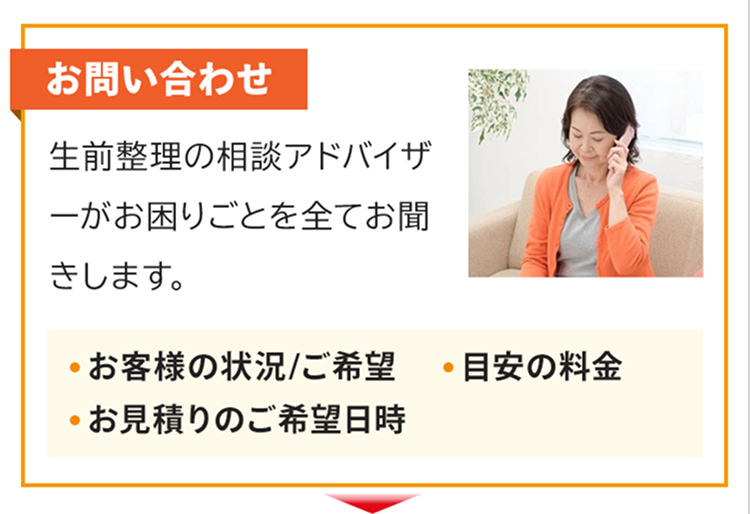 ①お問い合わせ 生前整理の相談アドバイザーがお困りごとを全てお聞きします。お客様の状況/ご希望目安の料金お見積りのご希望日時